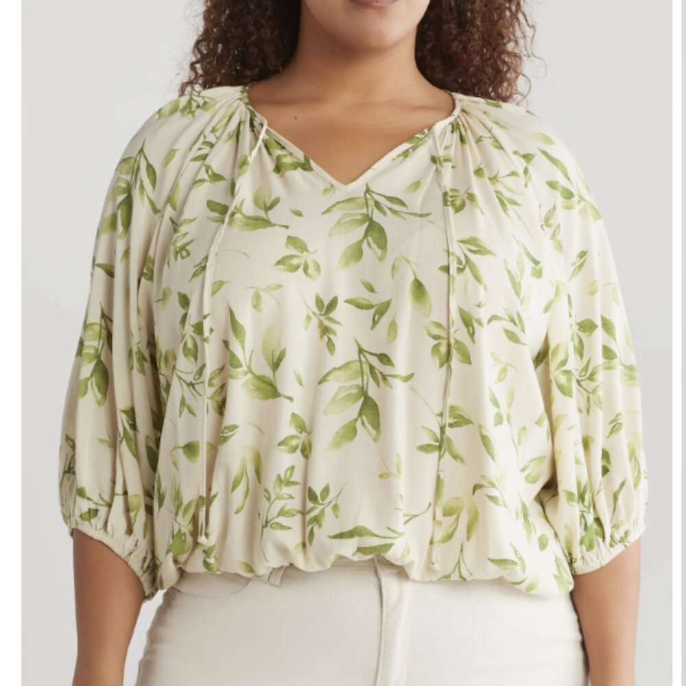 Renee C. Sz. 2X Blouse Print Tie Neck 3/4 Sleeve Green Cream Floral Linen Blend